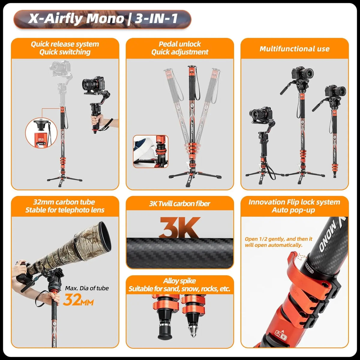 Fotopro X-Airfly Mono 3 in 1 Monopod - Gray