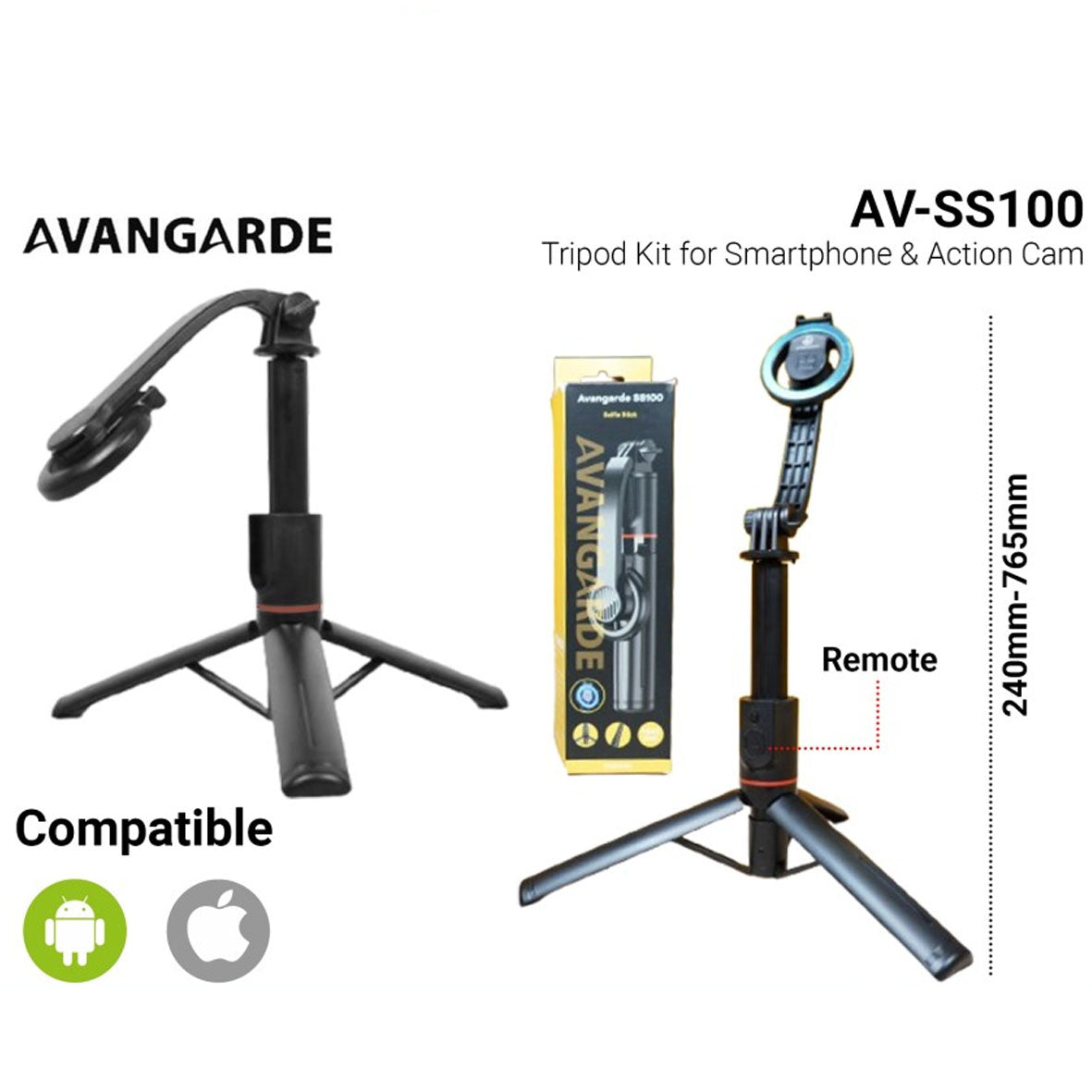 Avangarde Travel Phone Tripod Kit for Smartphone & Action Cam AV-SS100 Black