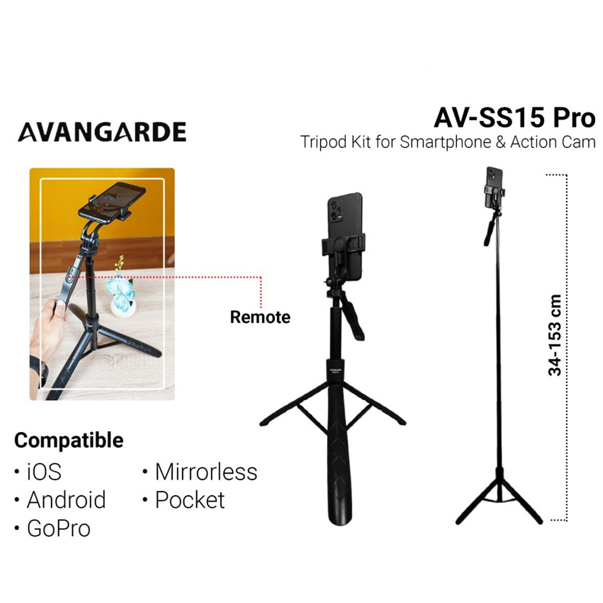 Avangarde Travel Phone Tripod Kit for Smartphone & Action Cam AV-SS150 Pro Black