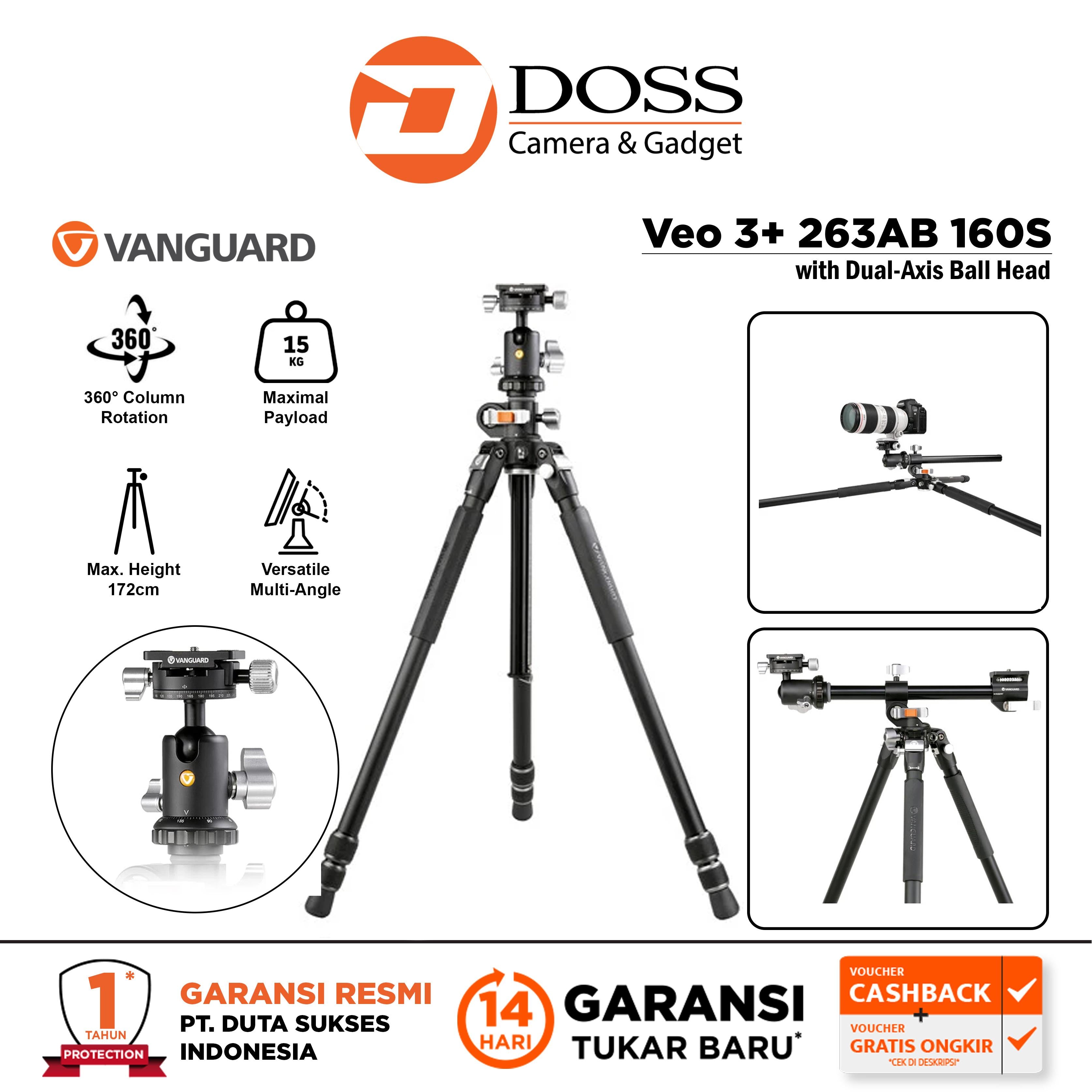 Vanguard Veo 3+ 263AB 160S Aluminum Tripod Kamera with Dual-Axis Ball Head
