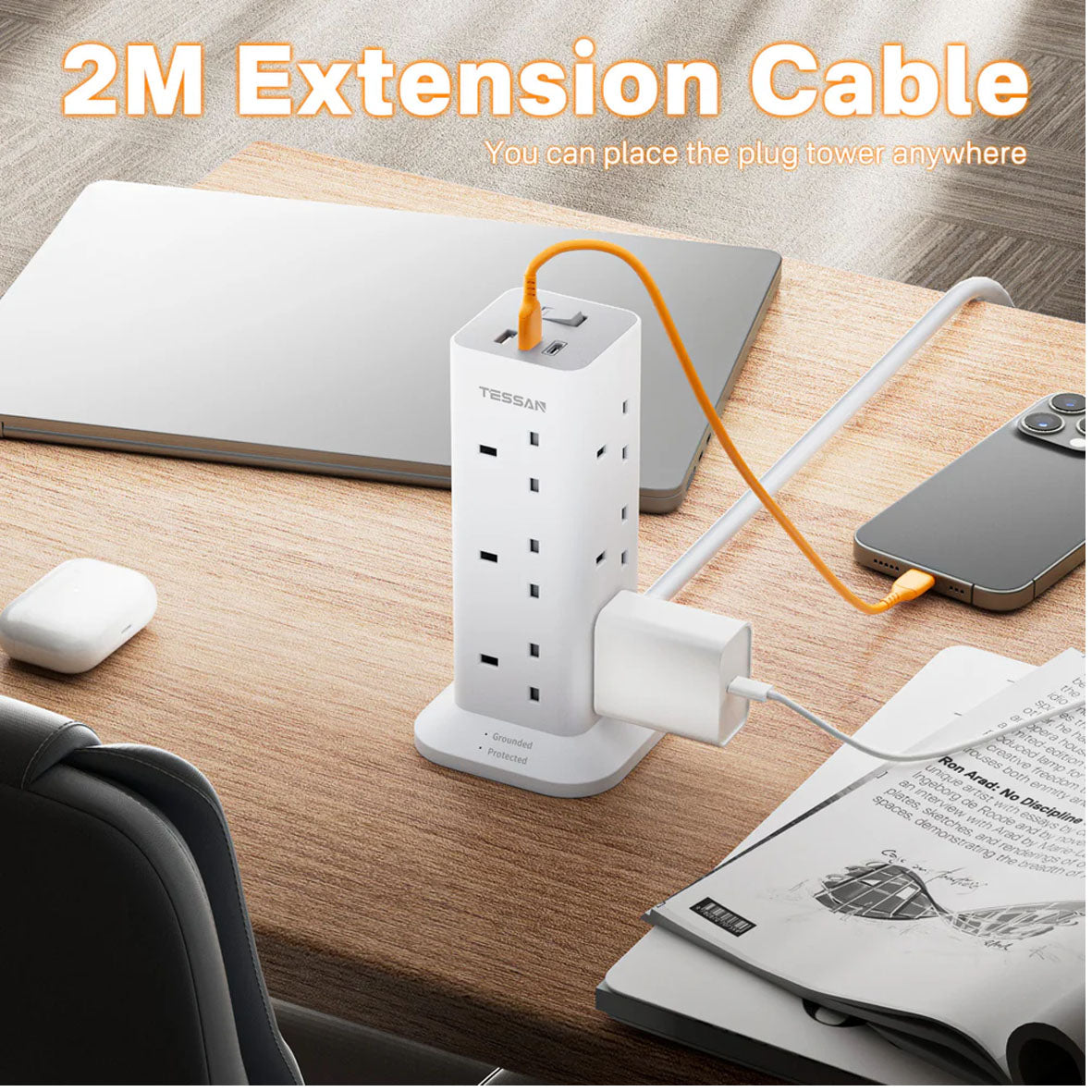 Tessan Power Strip 12AC + 3 USB Vertical Tower TS-TPS04-DE