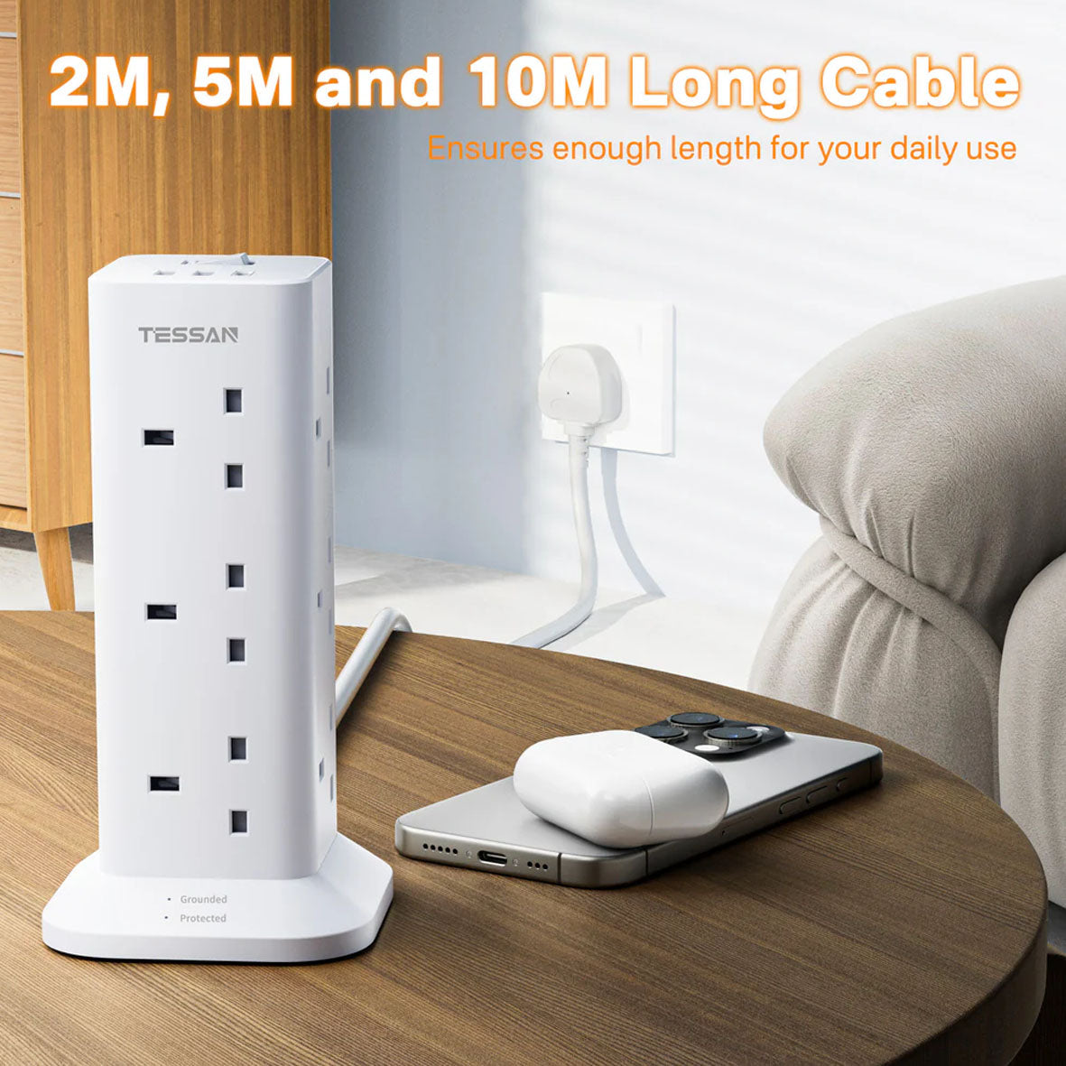 Tessan Power Strip 12AC + 3 USB Vertical Tower TS-TPS04-DE