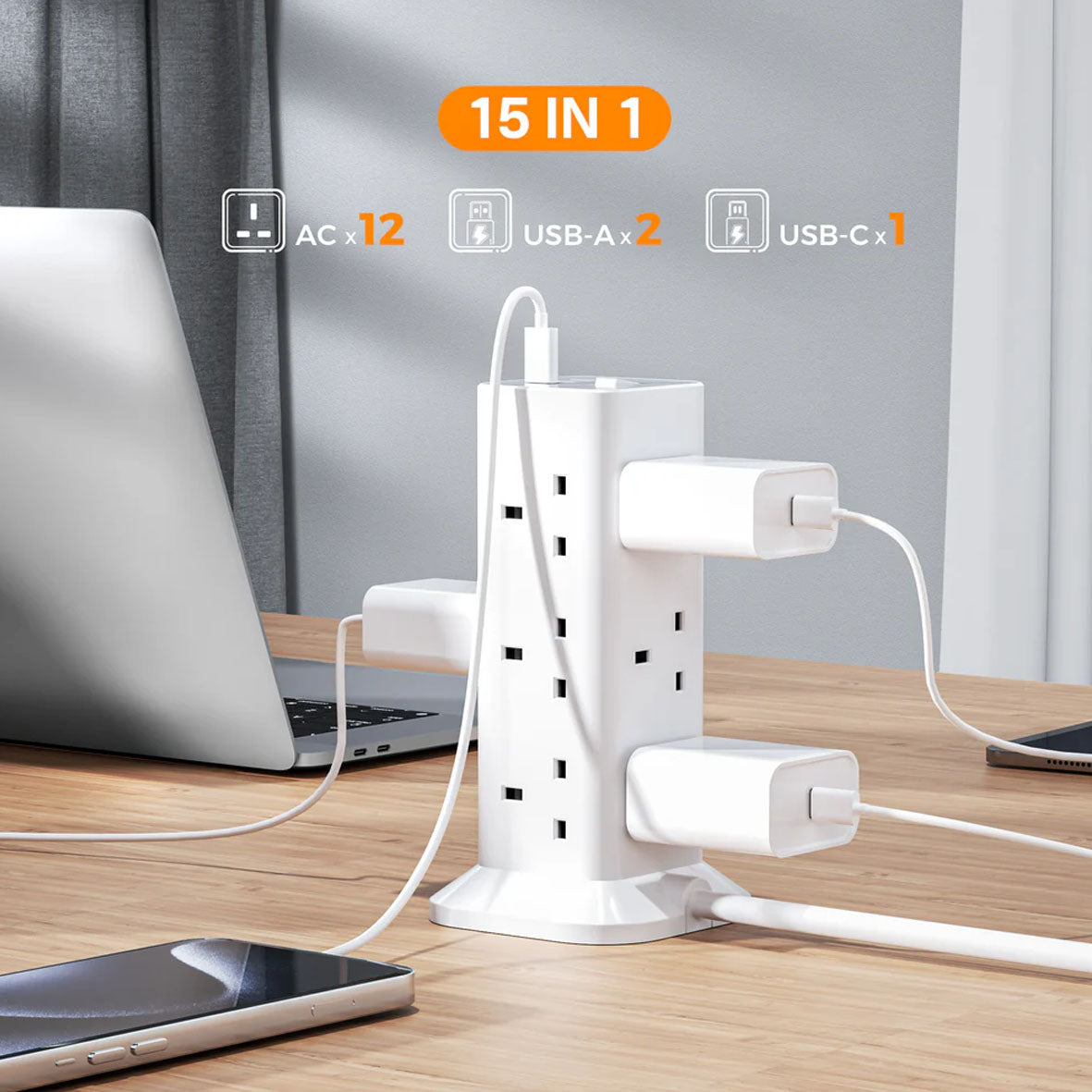 Tessan Power Strip 12AC + 3 USB Vertical Tower TS-TPS04-DE