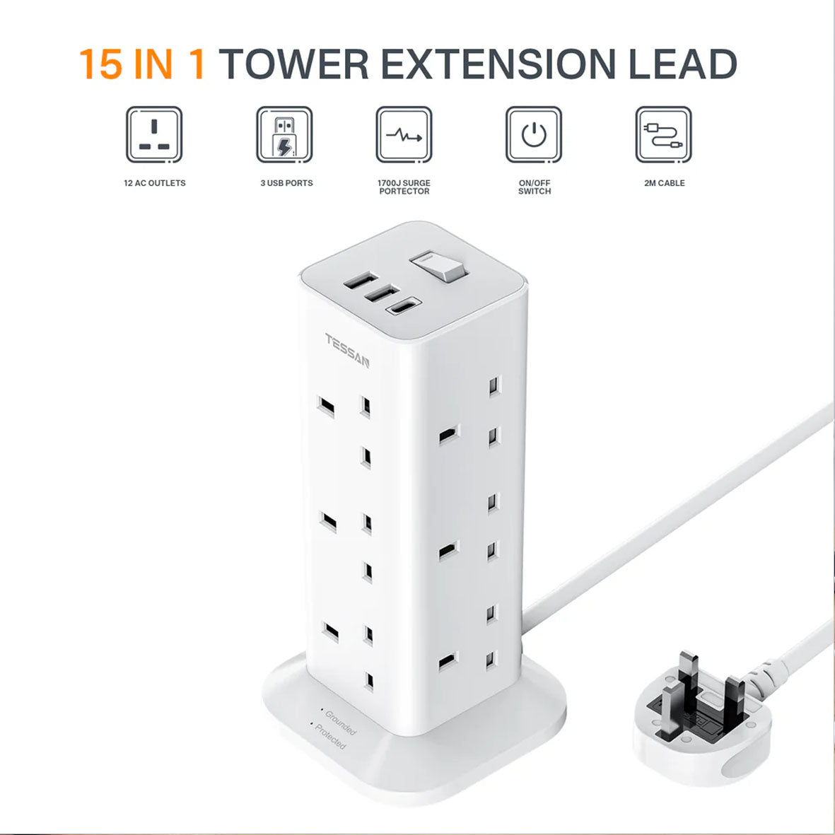 Tessan Power Strip 12AC + 3 USB Vertical Tower TS-TPS04-DE