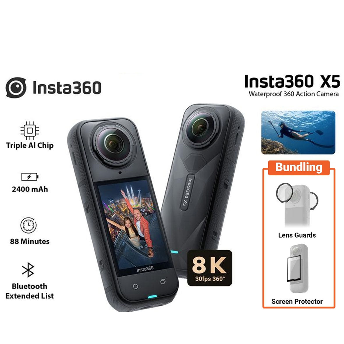Insta360 X5 + Battery + Utility Fast Charge Hub + Cooling Screen Protector