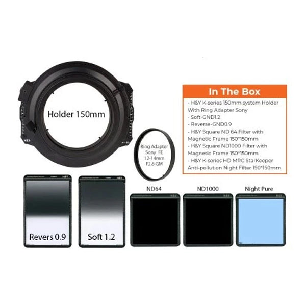 Paket H&Y Holder 150mm + Soft-GND1.2 + Reverse-GND0.9 + ND64 150mm + ND1000 150mm + Night Pure 150x150mm + Adapter Ring for Sony FE 12-24mm f2.8 GM