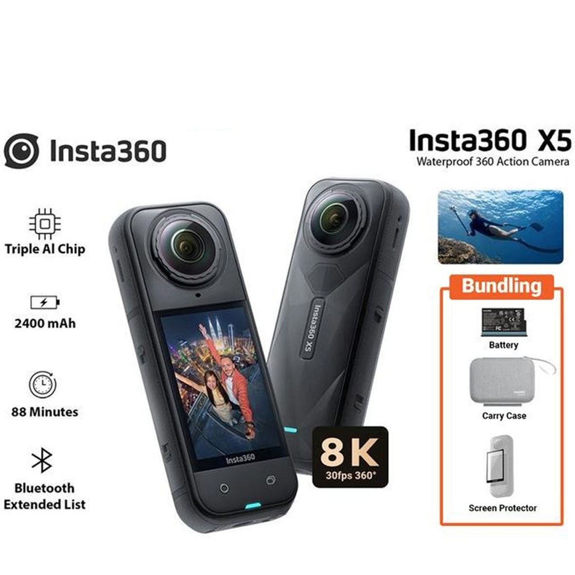 Insta360 X5 + Battery + Carry Case + Cooling Screen Protector