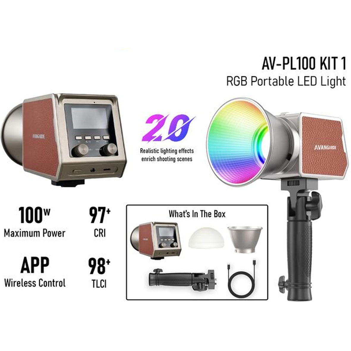 Avangarde AV-PL100 RGB Portable LED Light Kit I (Light Head, Reflector, Type C Charging Cable, Handle Grip, and Silicon Diffuser)