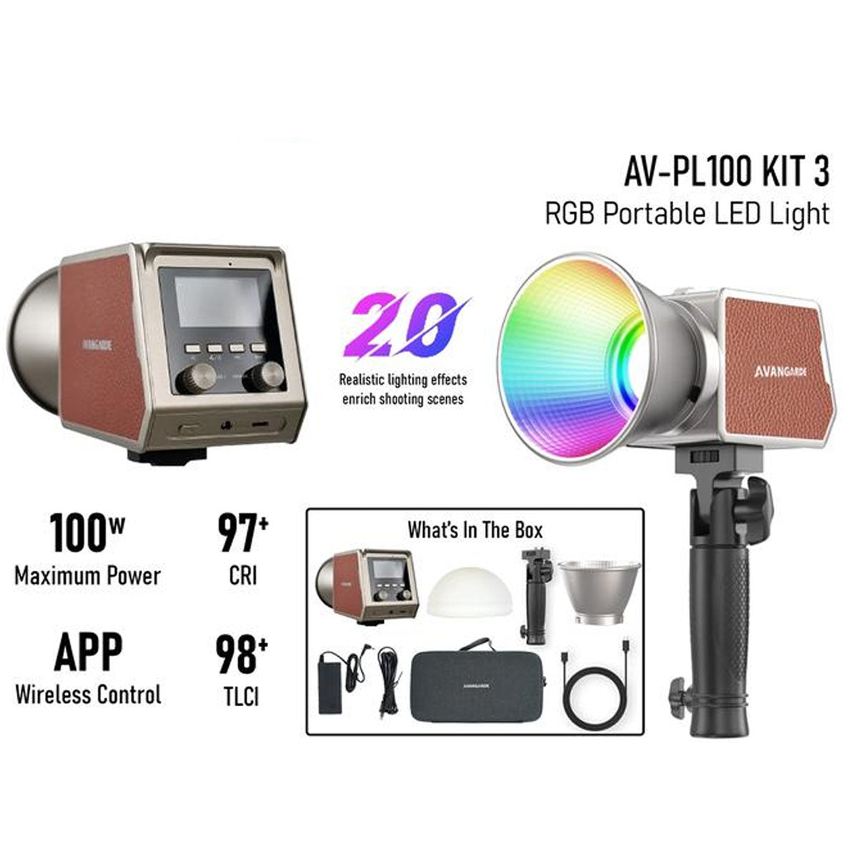 Avangarde AV-PL100 RGB Portable LED Light Kit III (Light Head, Reflector, Type C Charging Cable, Handle Grip, Silicon Diffuser, and Hard Case) + Power Adapter 19V