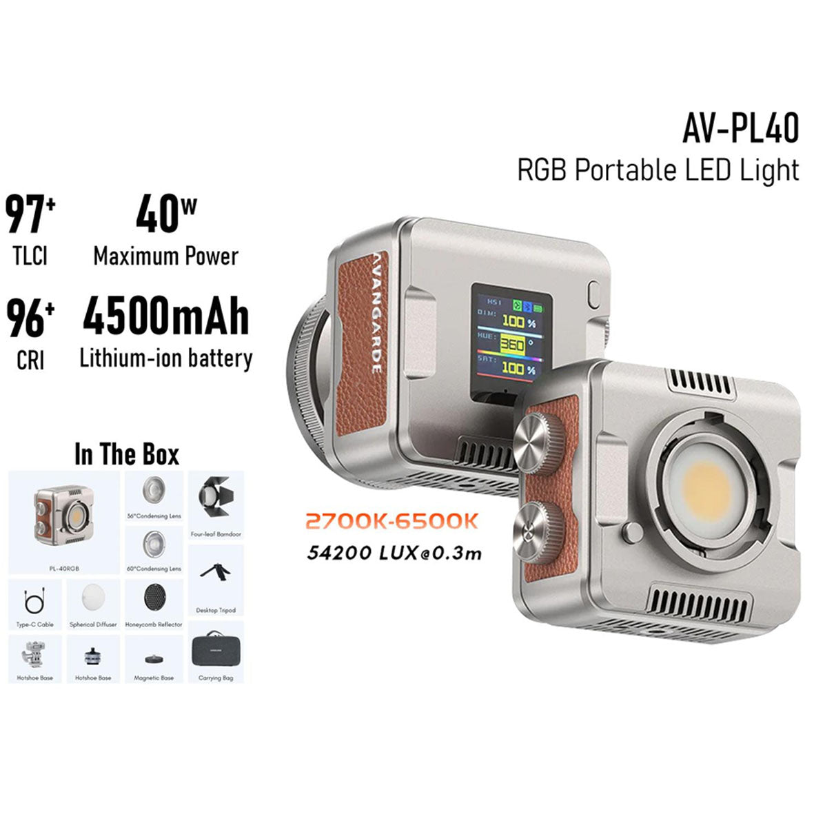 Avangarde AV-PL40 RGB Portable LED Light Kit I (Light Head, Hotshoes, Lens, Dome Diffuser, Bardoor Kit, Desktop Tripod and Hard Case)