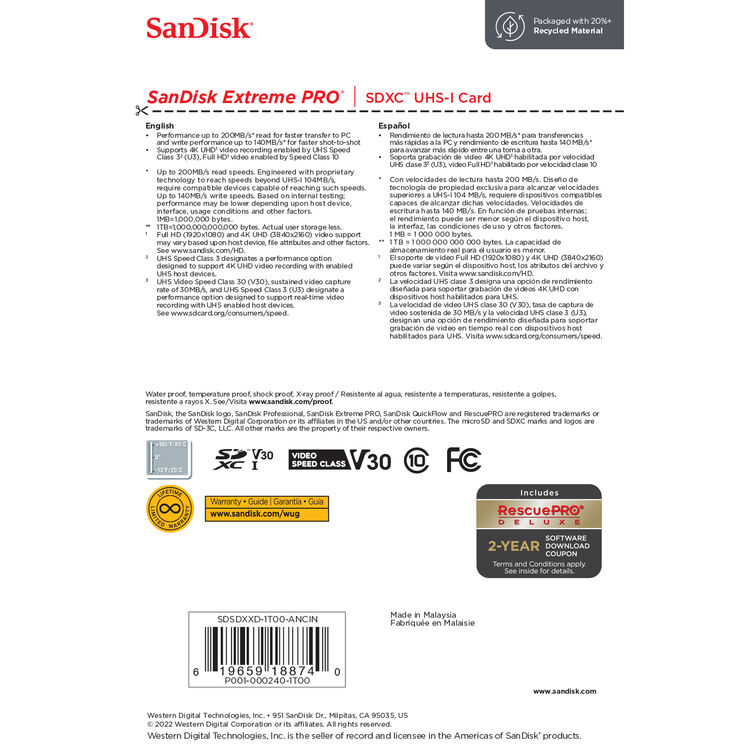 SanDisk SDXC Extreme Pro UHS-I 1TB R200MB/s W140MB/s