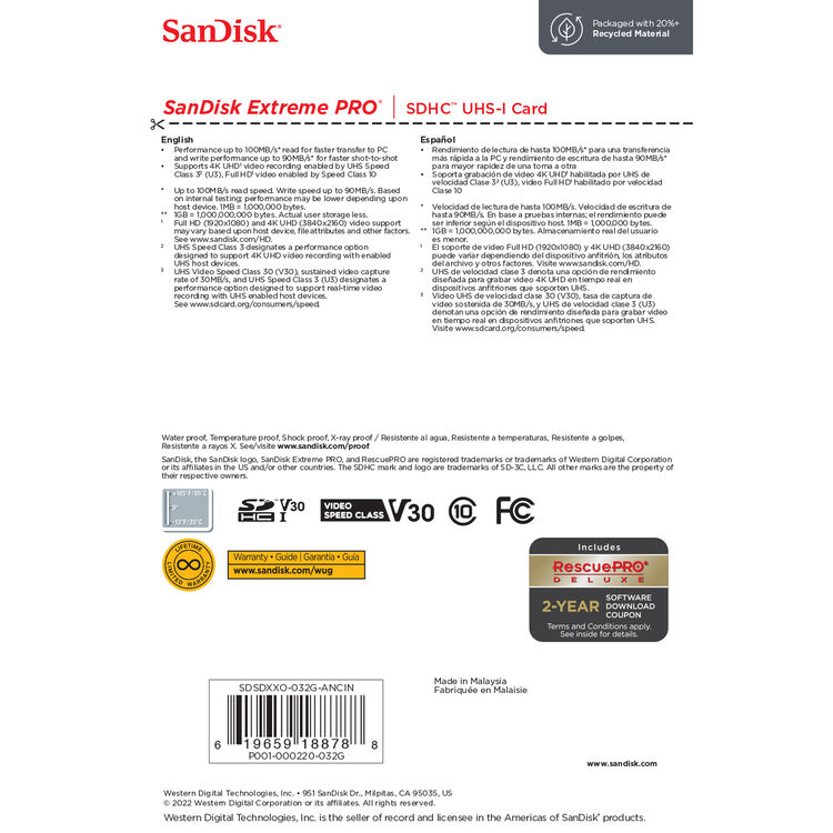SanDisk Extreme Pro SDHC UHS-I Card 32GB R100MB/s W90MB/s