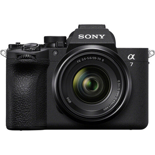 Sony a7 V Mirrorless Camera with 28-70mm II Lens front view, showcasing its sleek design and advanced photography features.