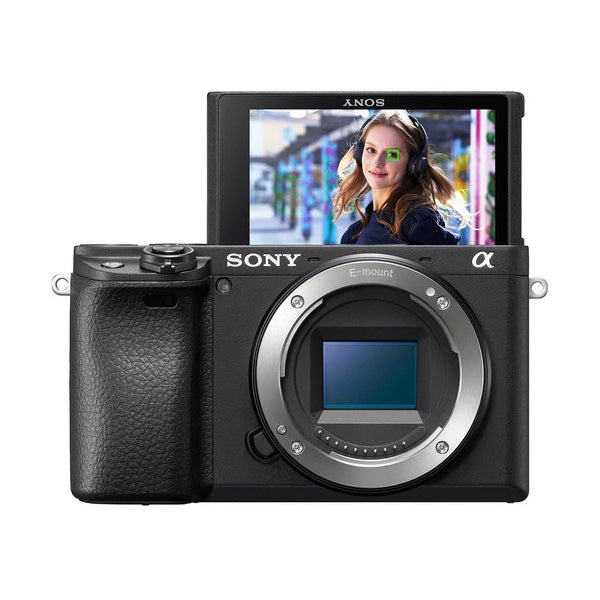 Sony Alpha a6400 Mirrorless Digital Camera Body Only showing a tilting touchscreen and sleek design.
