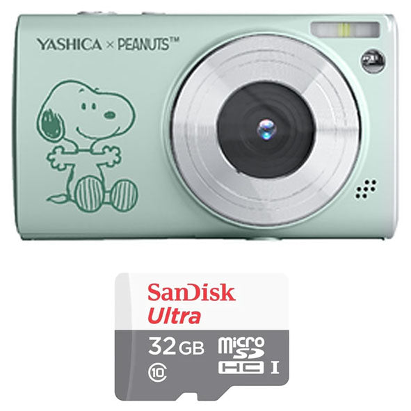 YASHICA x Snoopy Digital Camera (Green) with Sandisk Ultra Micro SD 32GB 100Mb/s MicroSDHC UHS-I