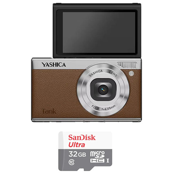 YASHICA Tank Compact Digital Camera (Brown) with Sandisk Ultra Micro SD 32GB 100Mb/s MicroSDHC UHS-I