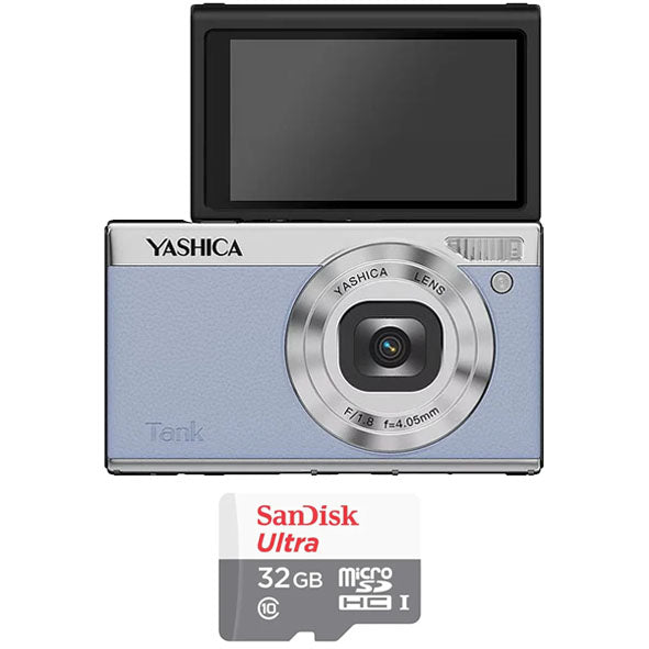 YASHICA Tank Compact Digital Camera (Sky Blue) with Sandisk Ultra Micro SD 32GB 100Mb/s MicroSDHC UHS-I