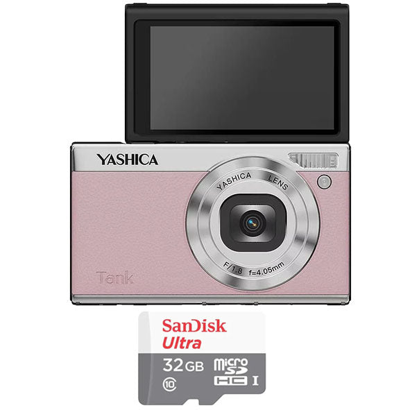 YASHICA Tank Compact Digital Camera (Pink Marshmallow) with Sandisk Ultra Micro SD 32GB 100Mb/s MicroSDHC UHS-I