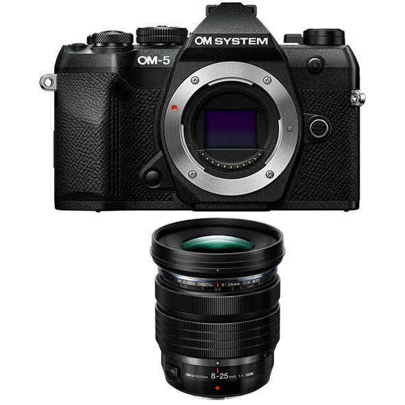 OM SYSTEM OM-5 Mark ii Mirrorless Camera Body Only (Black) with OM SYSTEM M.ZUIKO DIGITAL ED 8-25mm F4.0 PRO Lens (Black)