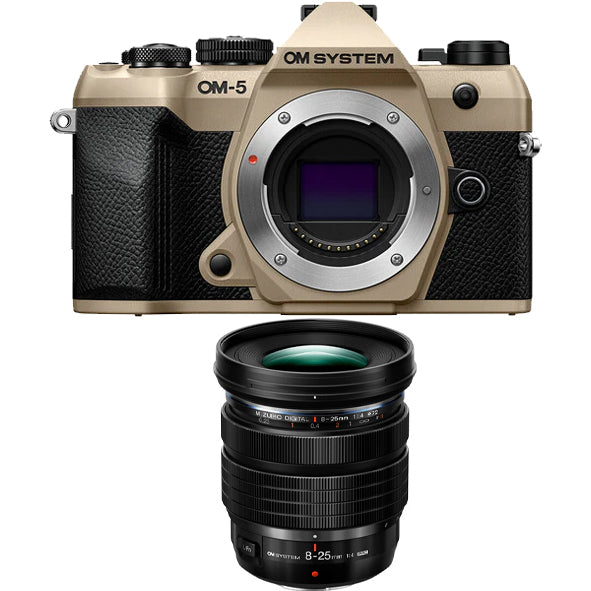 OM SYSTEM OM-5 Mark ii Mirrorless Camera Body Only (Sand Beige) with OM SYSTEM M.ZUIKO DIGITAL ED 8-25mm F4.0 PRO Lens (Black)