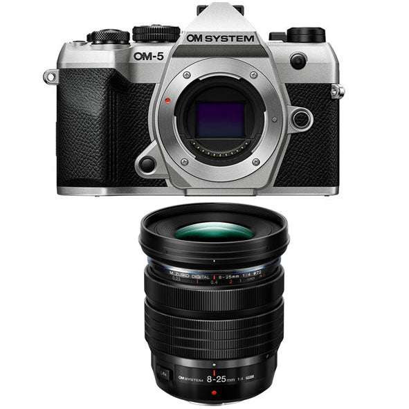 OM SYSTEM OM-5 Mark ii Mirrorless Camera Body Only (Silver) with OM SYSTEM M.ZUIKO DIGITAL ED 8-25mm F4.0 PRO Lens (Black)