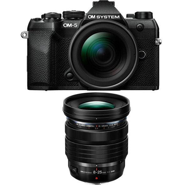 OM SYSTEM OM-5 Mark ii Mirrorless Camera with 14-150mm F4.0-5.6 Ⅱ Lens kit (Black) with OM SYSTEM M.ZUIKO DIGITAL ED 8-25mm F4.0 PRO Lens (Black)