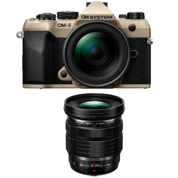 OM SYSTEM OM-5 Mark ii Mirrorless Camera with 14-150mm F4.0-5.6 Ⅱ Lens kit (Sand Beige) with OM SYSTEM M.ZUIKO DIGITAL ED 8-25mm F4.0 PRO Lens (Black)