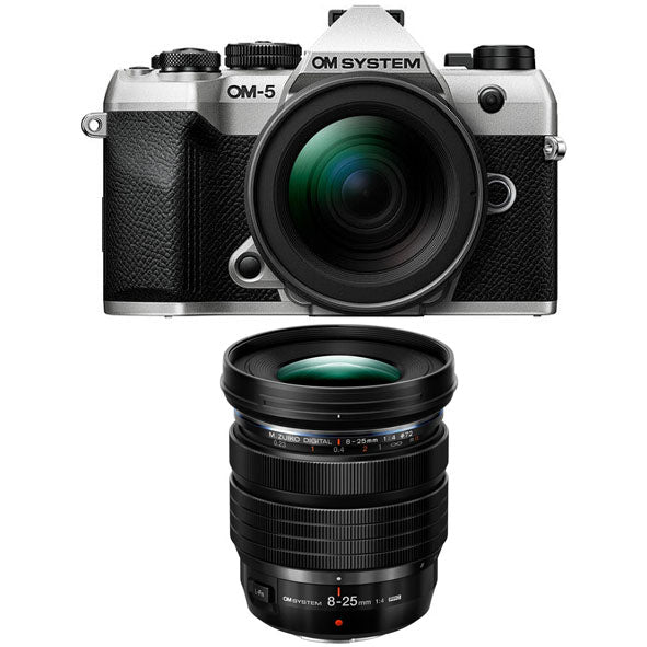 OM SYSTEM OM-5 Mark ii Mirrorless Camera with 14-150mm F4.0-5.6 Ⅱ Lens kit (Silver) with OM SYSTEM M.ZUIKO DIGITAL ED 8-25mm F4.0 PRO Lens (Black)
