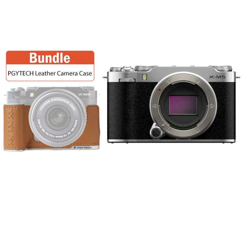 Fujifilm X-M5 Mirrorless Camera Silver with PGYTECH Leather Camera CaseFor FUJIFILM X-M5 Clay Brown) P-CB-544
