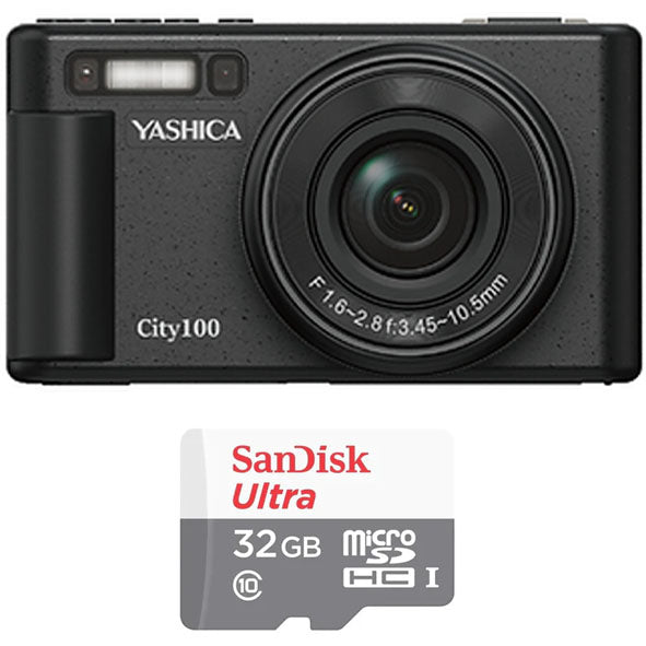 YASHICA City 100 (Black) with Sandisk Ultra Micro SD 32GB 100Mb/s MicroSDHC UHS-I
