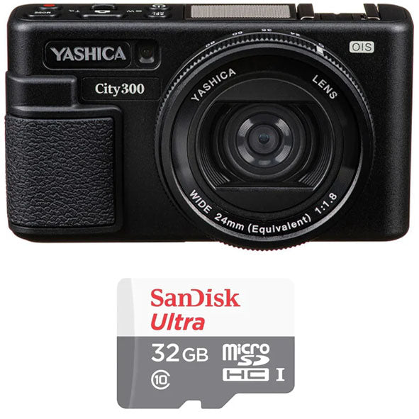 YASHICA City 300 (Black) with Yashica Quick Flash with Sandisk Ultra Micro SD 32GB 100Mb/s MicroSDHC UHS-I