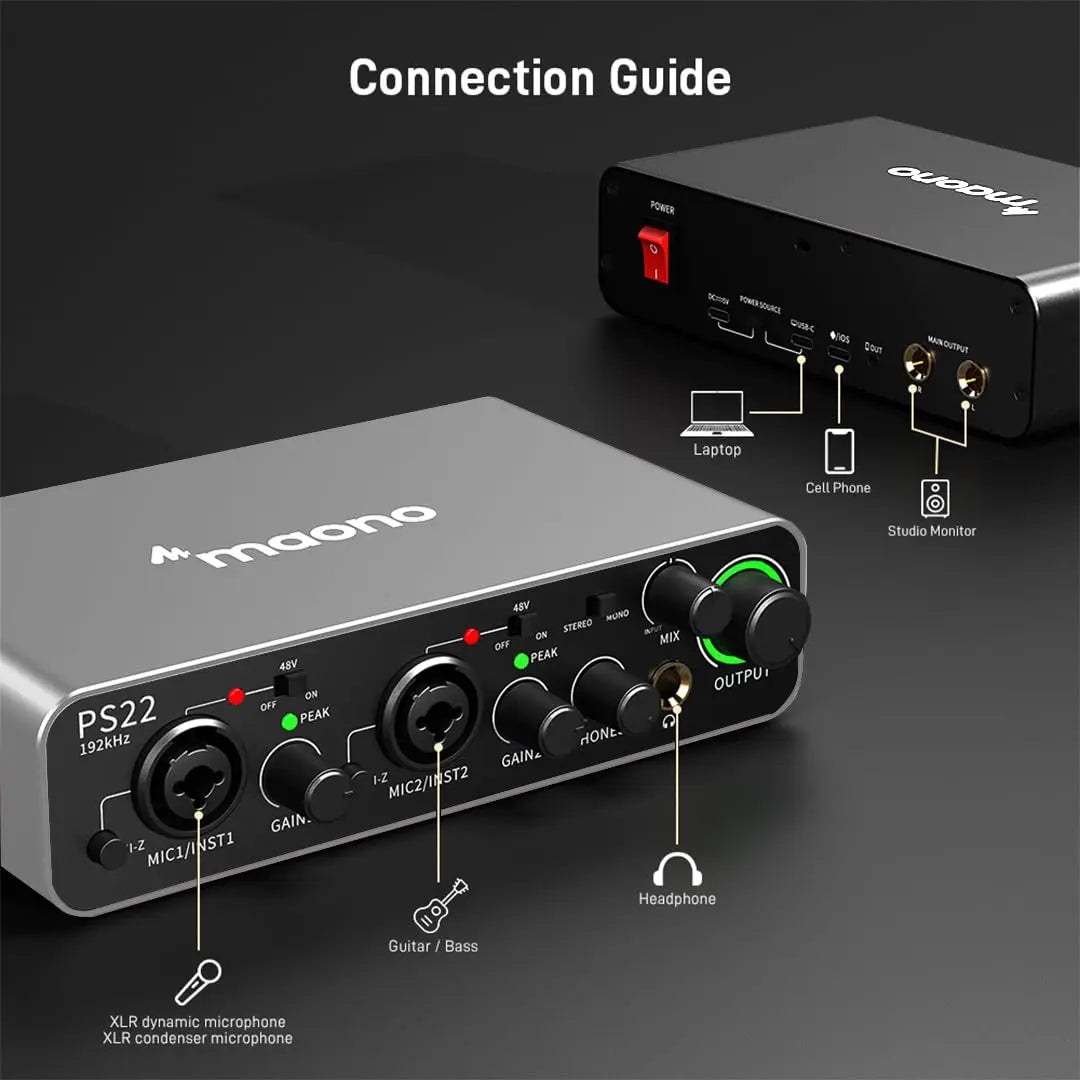 Maono PS22 Audio Interface for Recording, Music Production, Guitar - Black