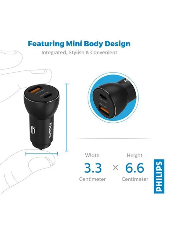 Philips DLP2521 Ultra Fast Car Charger with PD and QC Output 36W