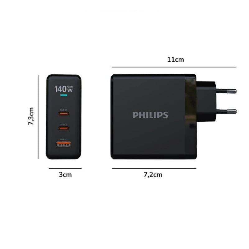 Philips DLP9714CB Wall Charger PD GaN 3port 140W, Charger for Laptop