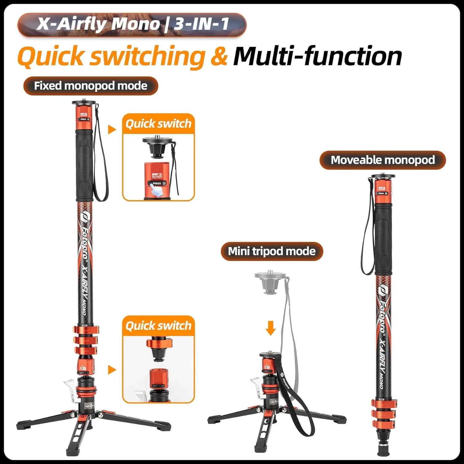 Fotopro X-Airfly Mono 3 in 1 Monopod - Gray