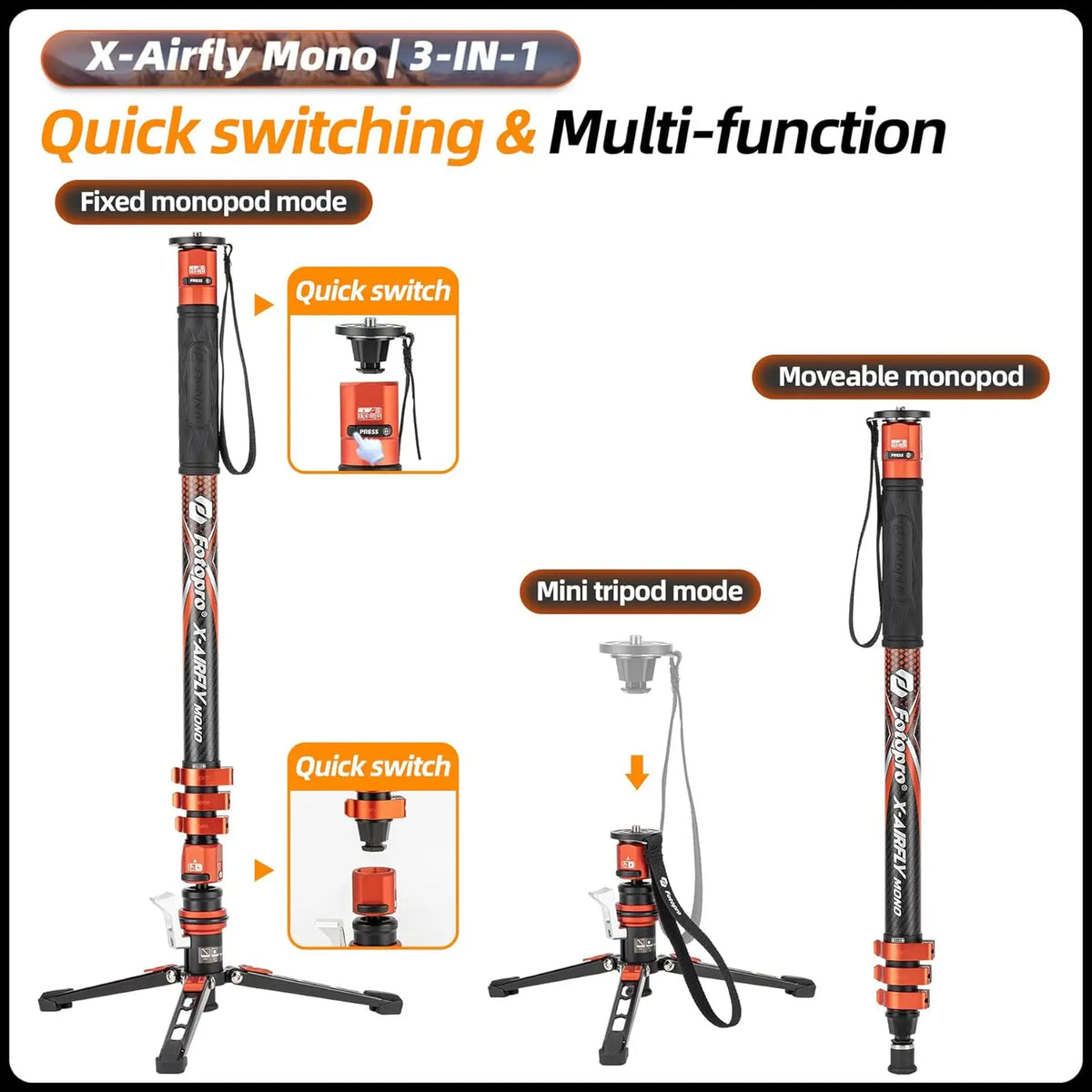 Fotopro X-Airfly Mono 3 in 1 Monopod - Orange