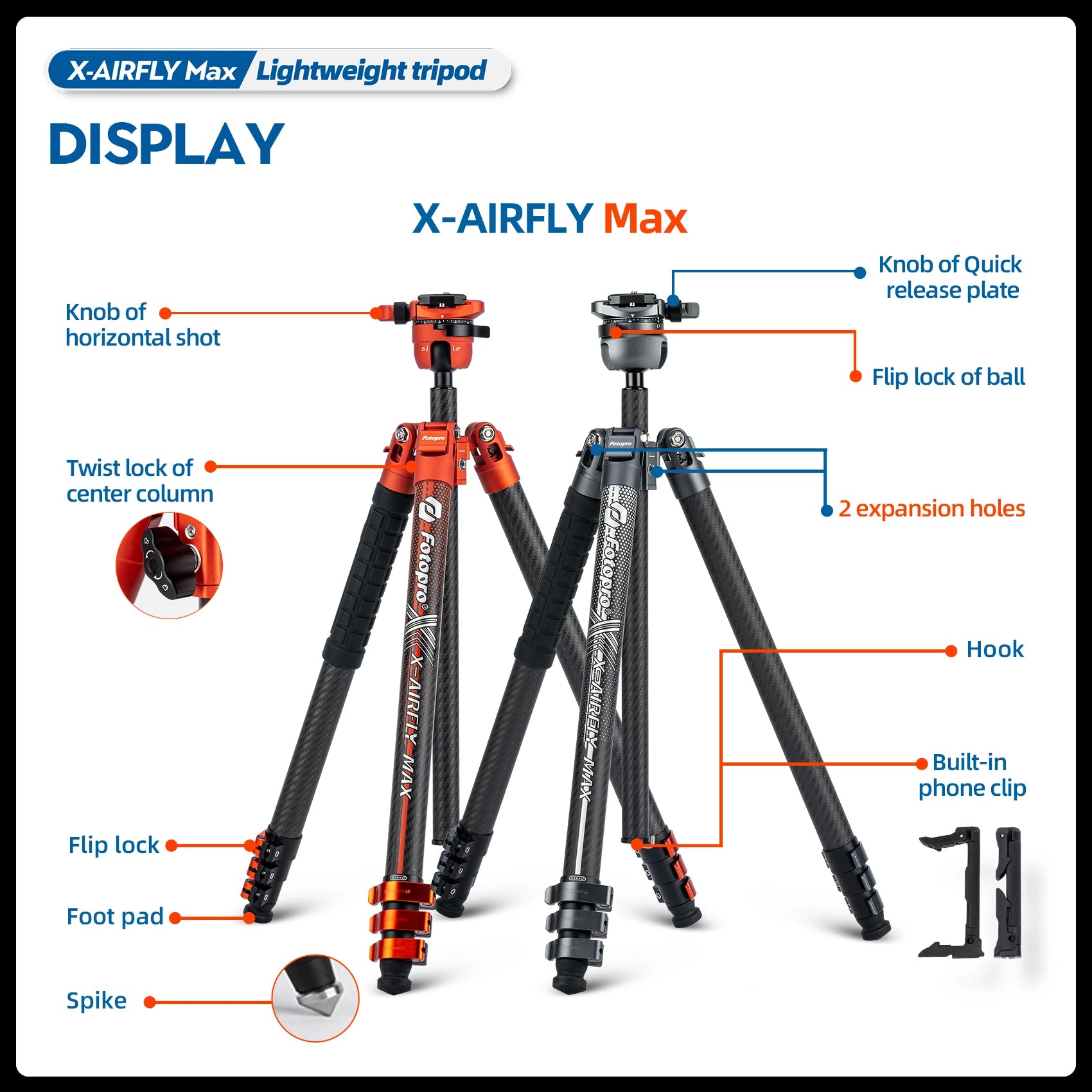 Fotopro X-Airfly MAX Ultra Light Carbon Fiber Tripod Orange