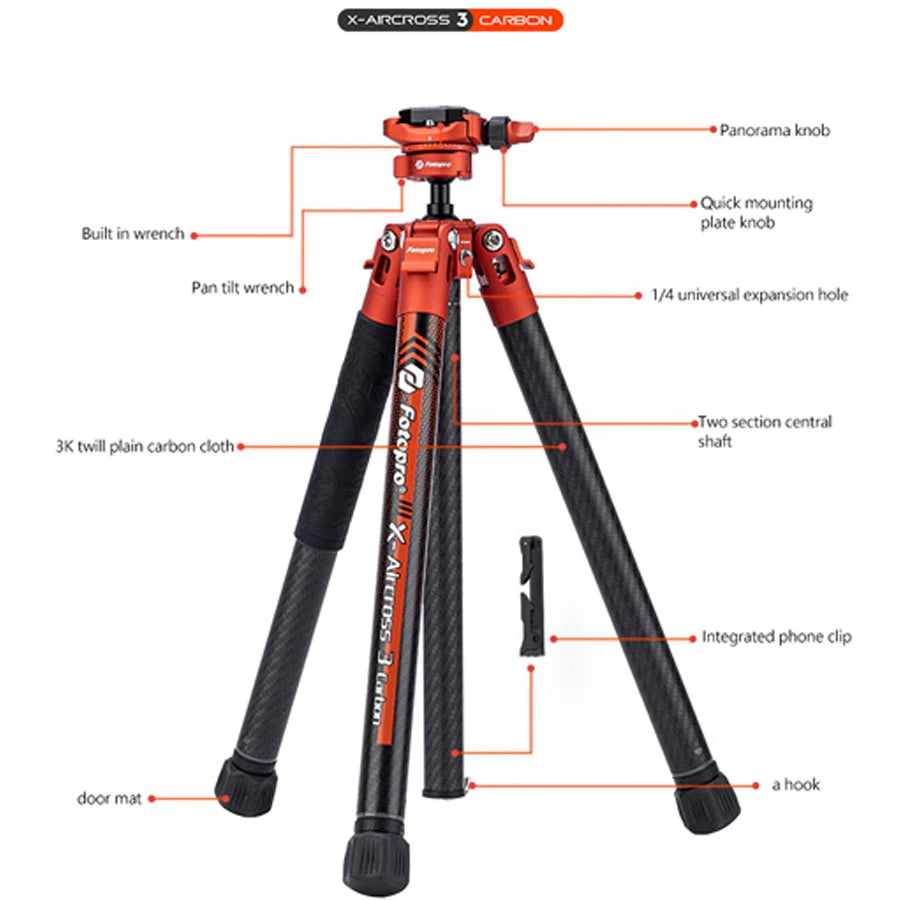 Fotopro X-Aircross 3 Orange Carbon Fiber Travel Tripod