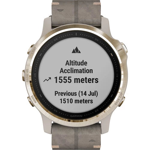 Garmin Fenix 6S Multisport GPS Smartwatch 42mm Sapphire Light Gold-tone with Shale Gray Leather Band