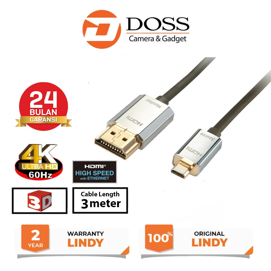 Lindy #41678 Type A/D High Speed HDMI Cable with Ethernet 3m