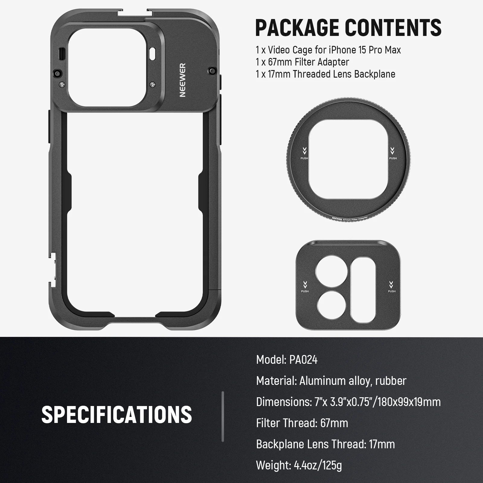 Neewer PA024K NEEWER HANDHELD CAGE With 67MM FILTER MOUNT&17MM LENS MOUNT FOR IPHONE 15 PRO MAX