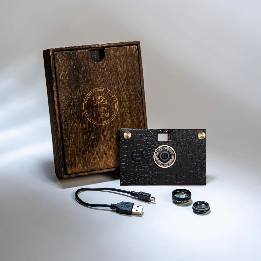 Paper Shoot Leather Texture Wooden Box Camera Set - Dark Camel Brown 18MP