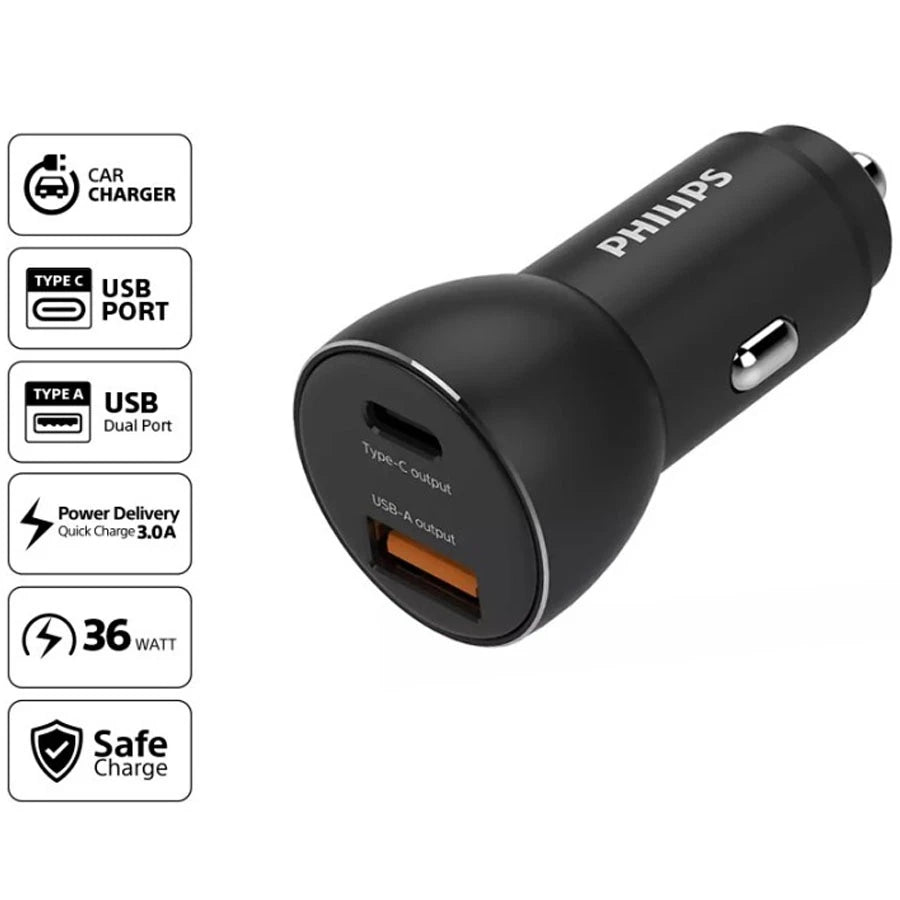 Philips DLP2521 Ultra Fast Car Charger with PD and QC Output 36W