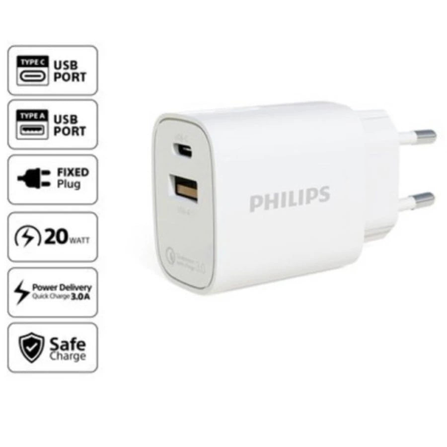Wall Charger PHILIPS DLP4317CW PD 20W 2 Output (USB C+USB A)
