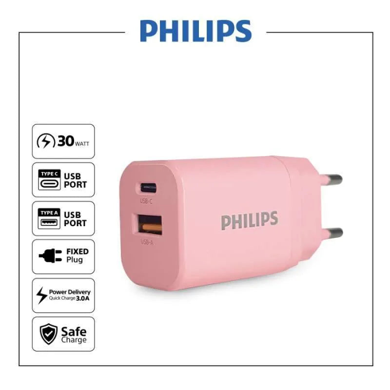 Philips DLP4327CW Wall Charger with USB-A and C Dual Port PD 30W QC 3.0 - Pink