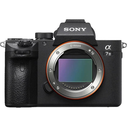 Sony Alpha a7 III Mirrorless Digital Camera front view showcasing E-mount design and sleek body.