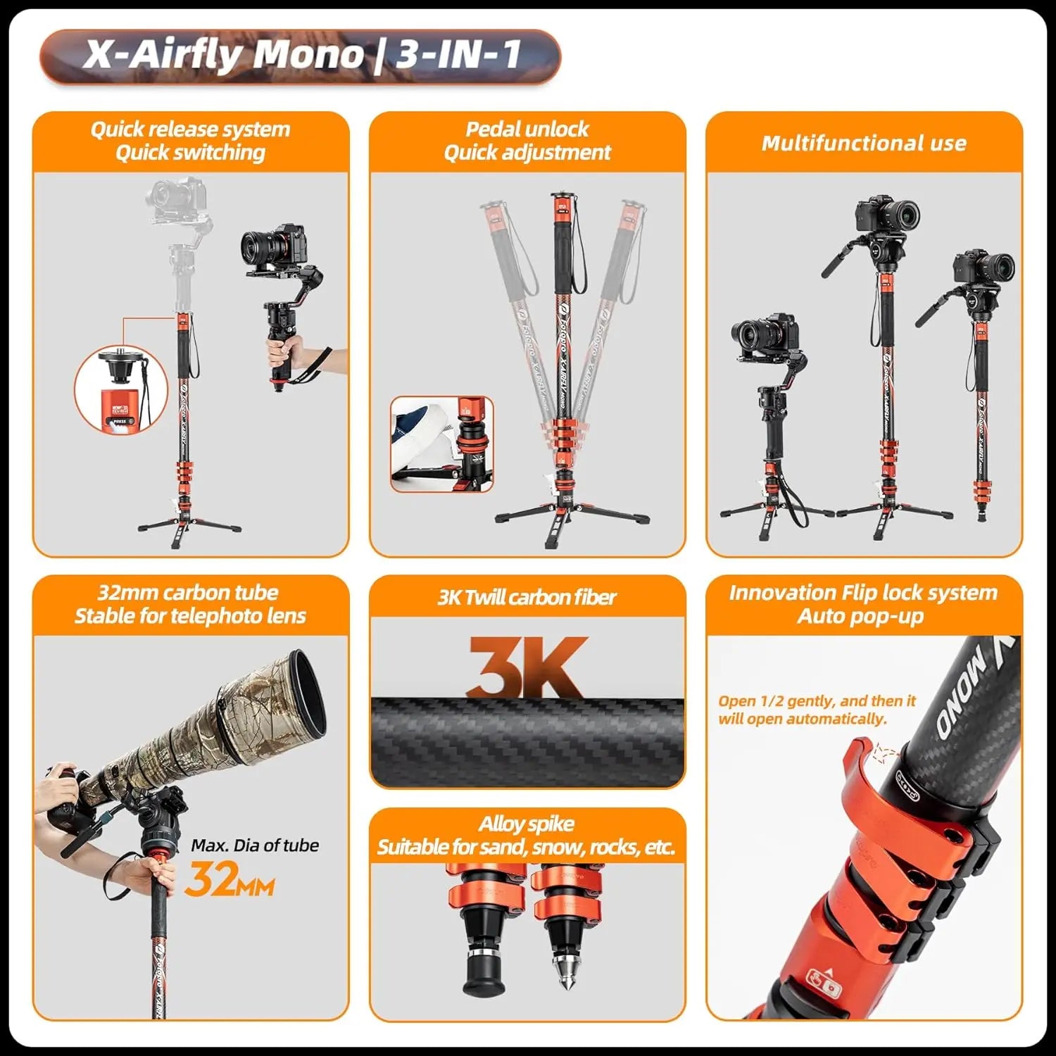 Fotopro X-Airfly Mono 3 in 1 Monopod - Gray