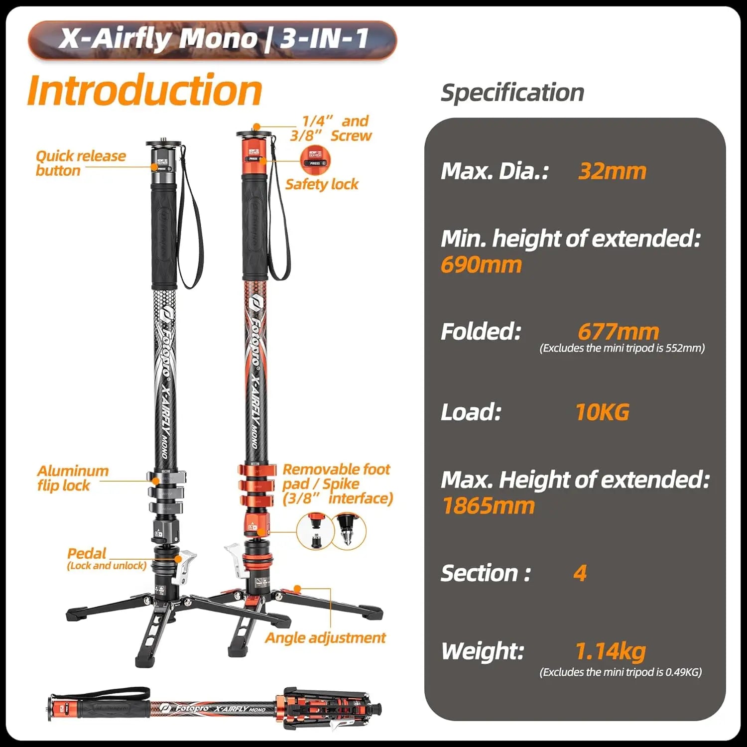 Fotopro X-Airfly Mono 3 in 1 Monopod - Gray