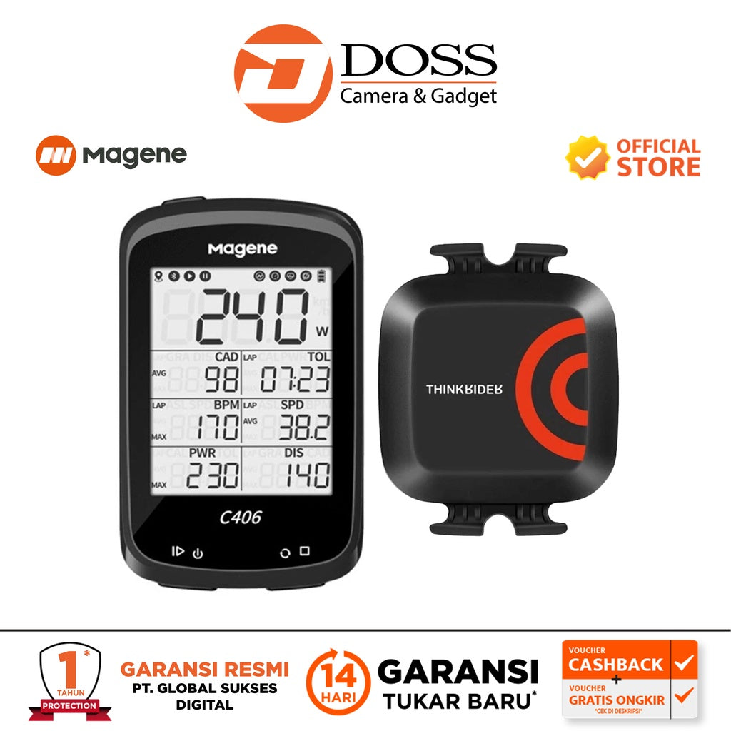 Magene C406 Bike Computer Black + Thinkrider Cadence & Speed Sensor
