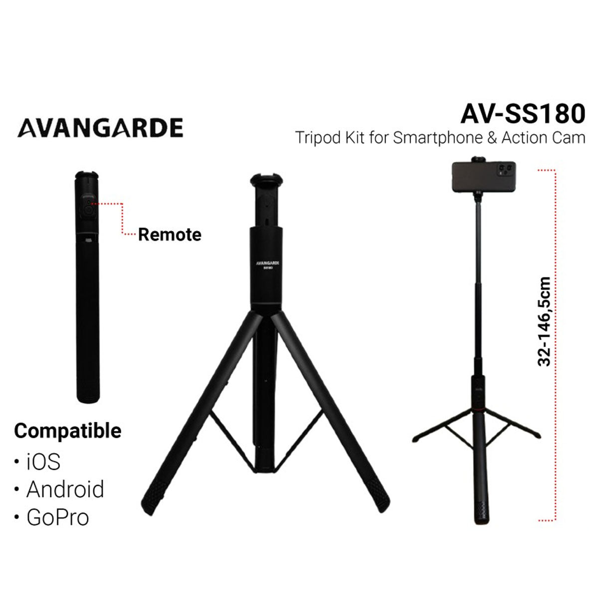 Avangarde Travel Phone Tripod Kit for Smartphone & Action Cam AV-SS180 Black